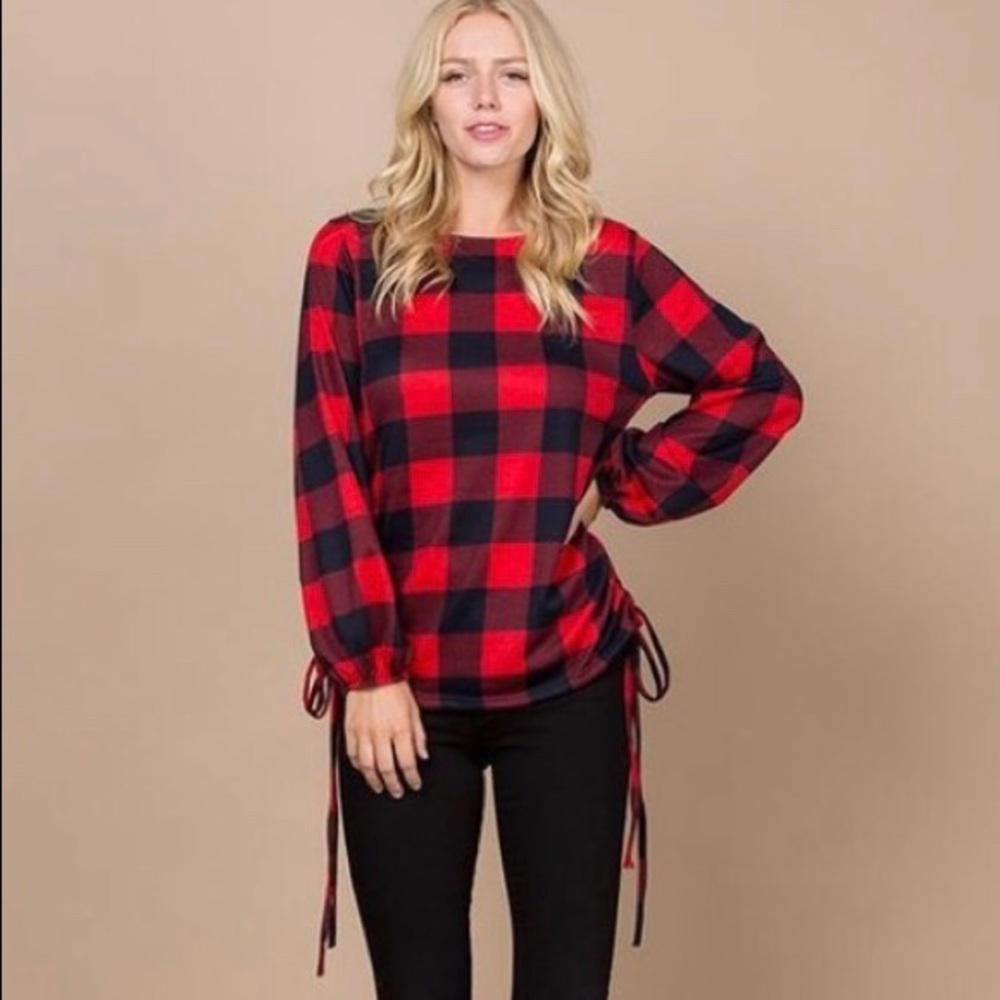 SOLD OUT!!! Plaid Bubble Sleeve w/ Tie Detail